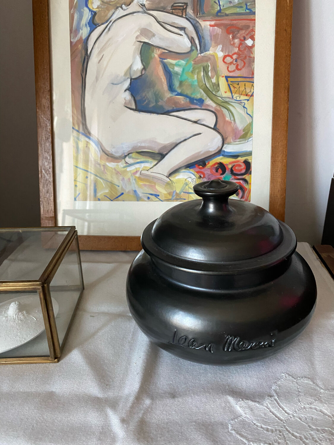 Vintage black ceramic bonbonnière from Vallauris signed Jean Marais