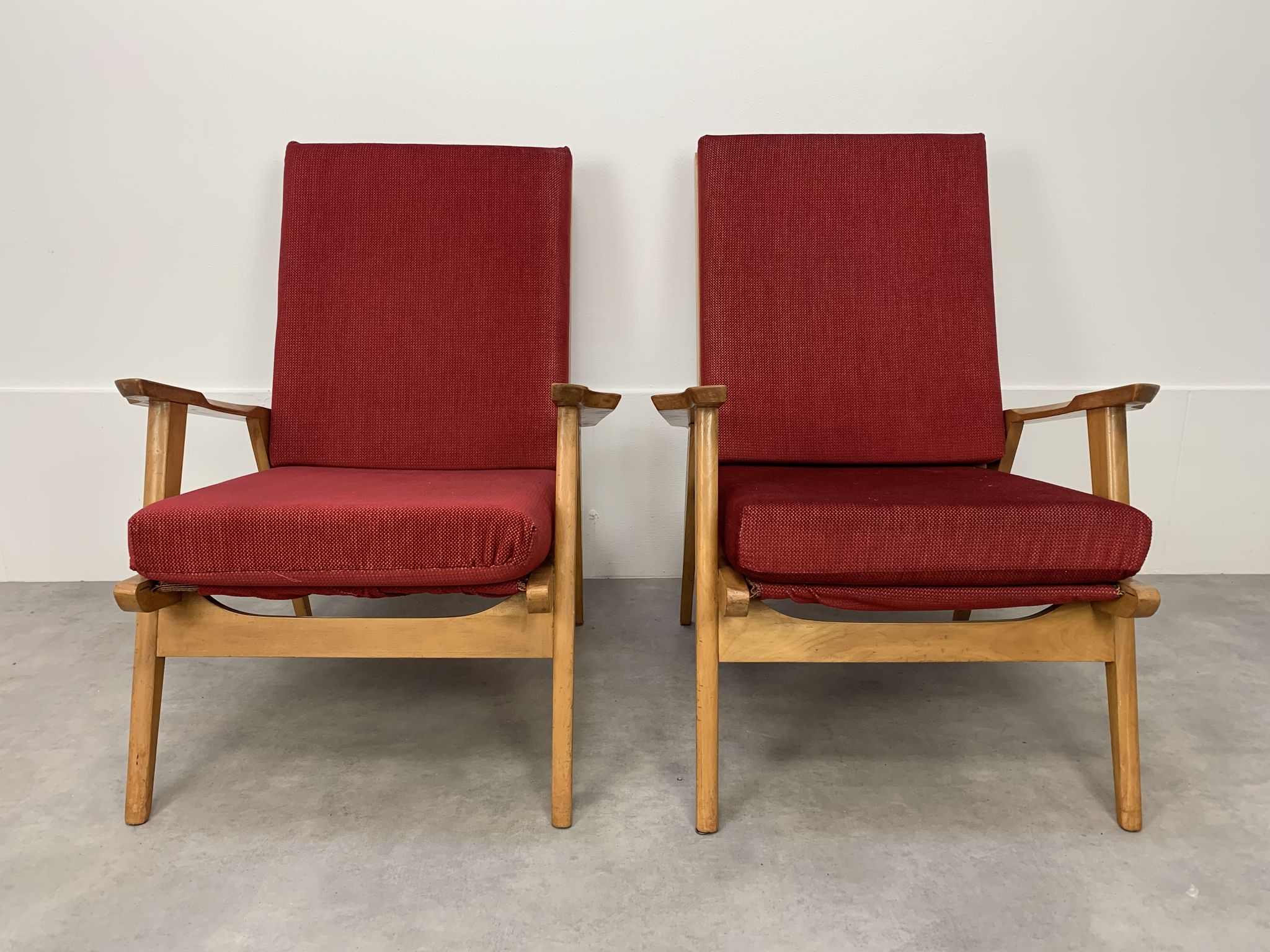 Pair of 50s vintage boomerang armchairs velvet and wood