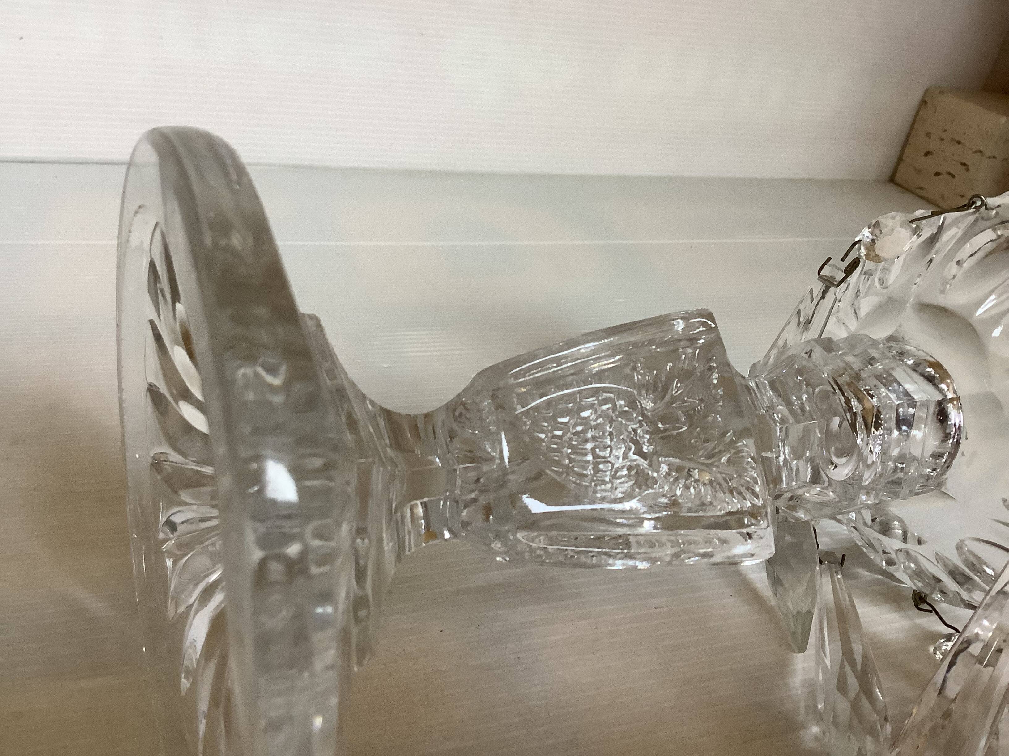 Pineapple candlestick with six glass moulded pendants.