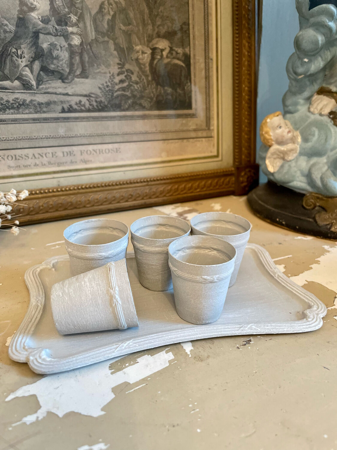 Tray and 5 antique brass liqueur glasses