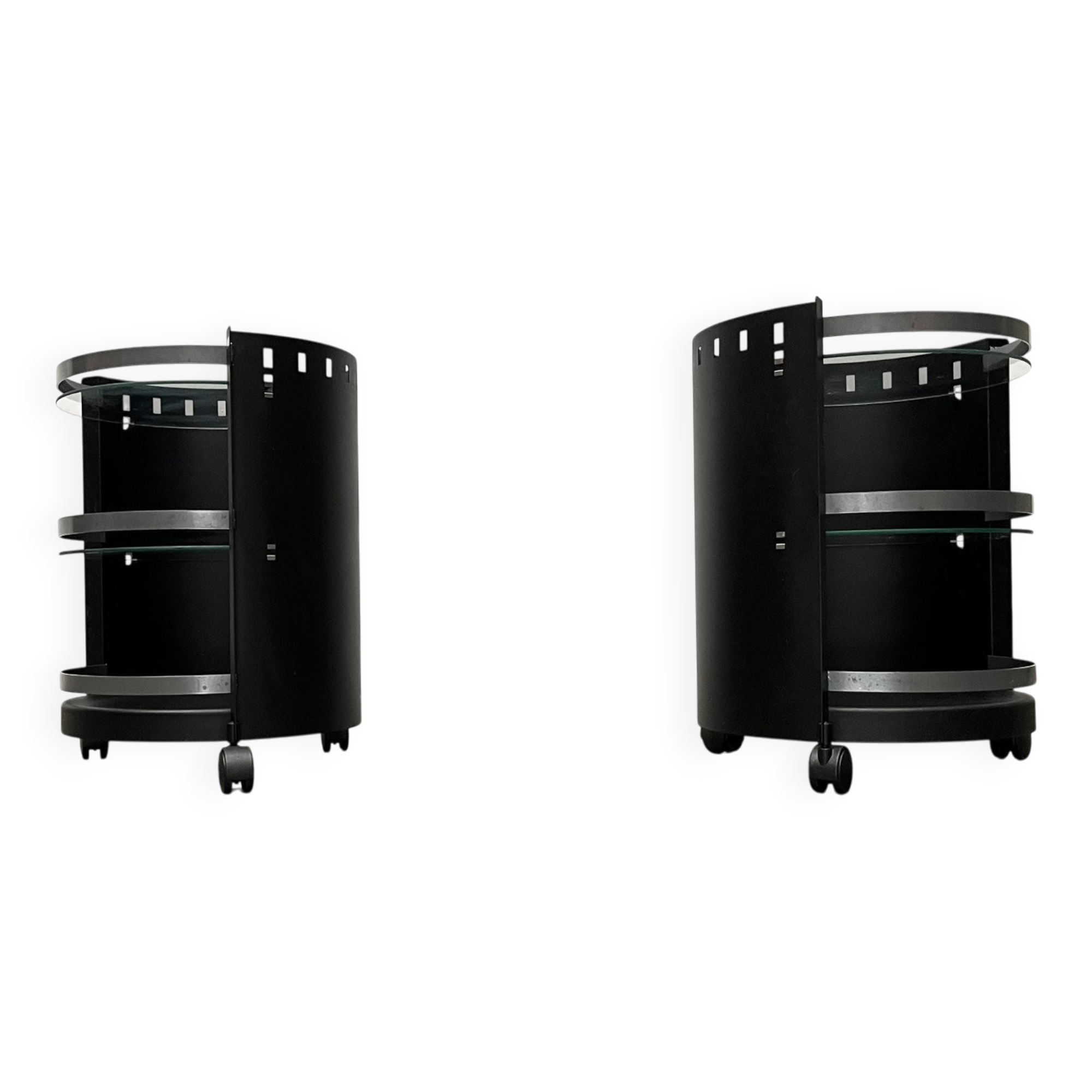 Postmodern German side tables in rolling metal and glass by D-Tec, 1980s, set of 2.