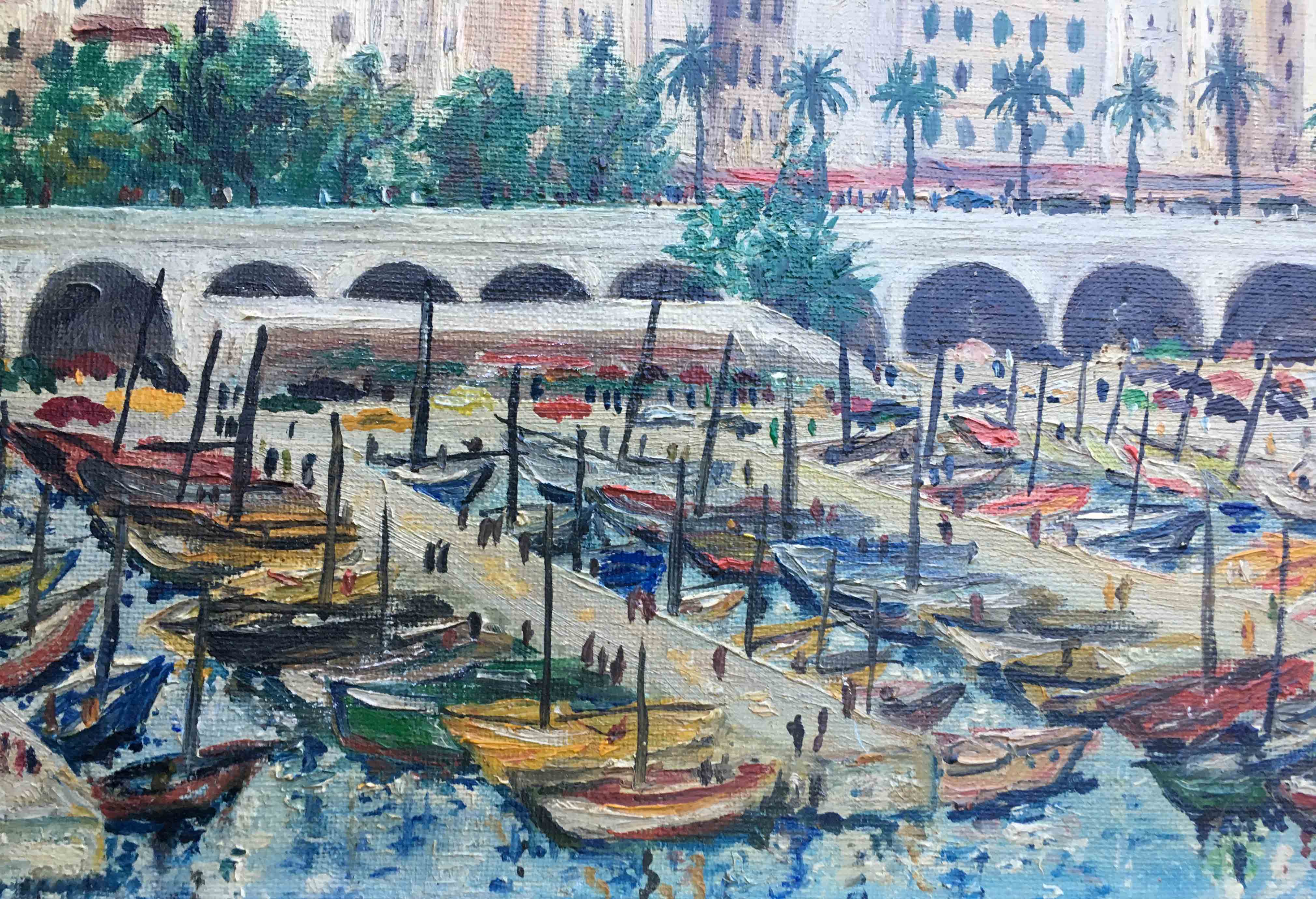 Painting port de Menton by Jacques Cuffaut, mid-twentieth century with frame