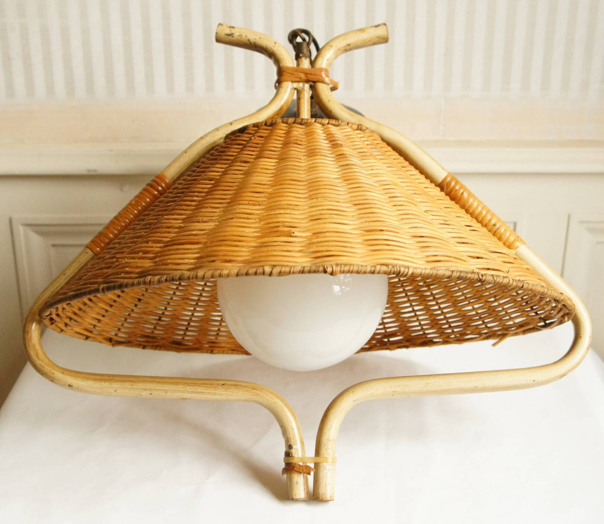 “French Riviera” rattan, metal & opaline pendant light, 1960