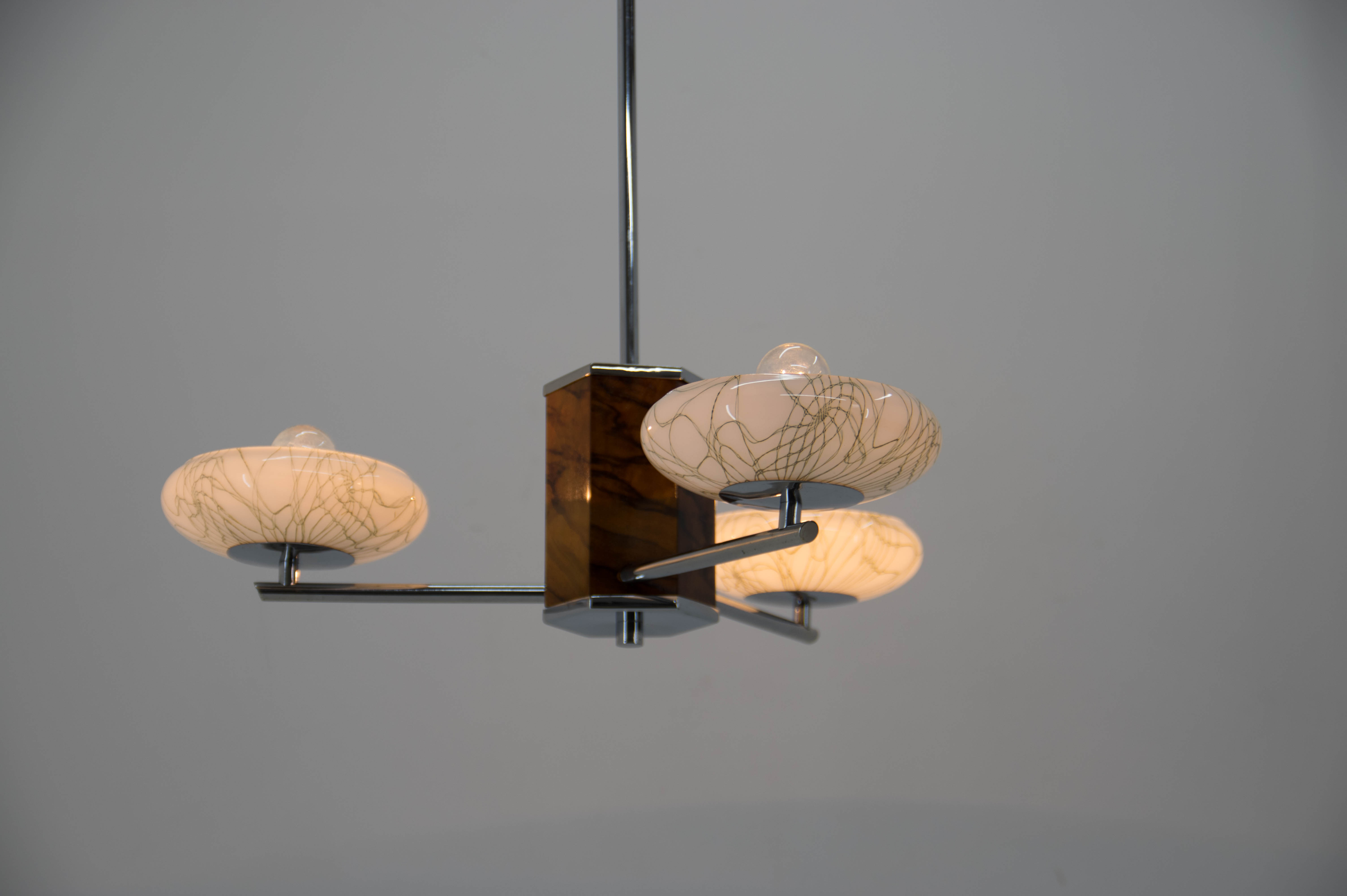 Art deco wood chrome and glass chandelier, 1940s, restored