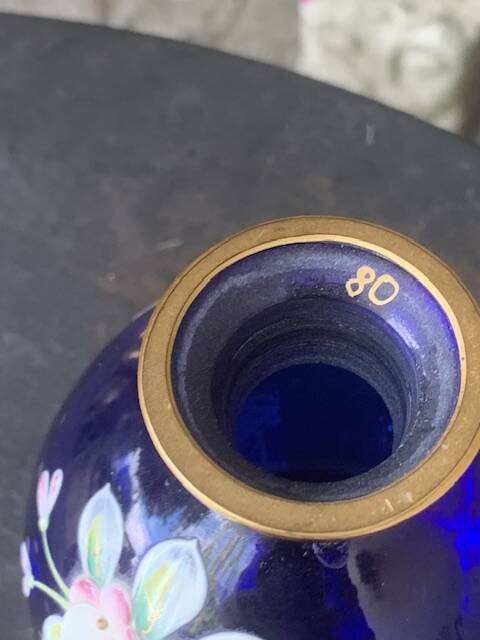 Perfume bottles, in hand-painted blue Bohemian crystal, antique.