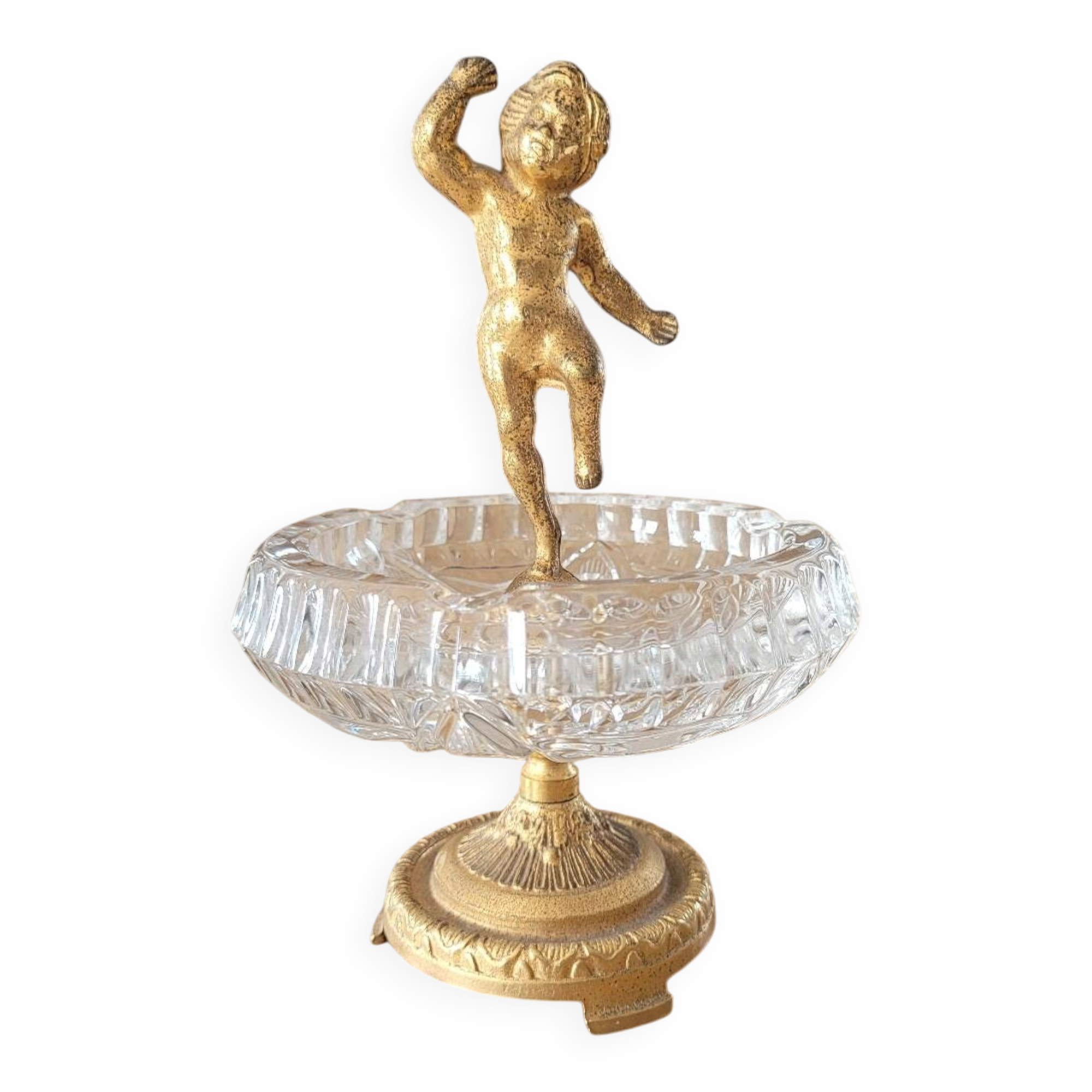 Tray / ashtray on a stand with cherub (glass and gilded metal)