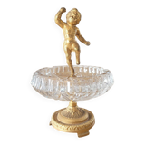 Tray / ashtray on a stand with cherub (glass and gilded metal)