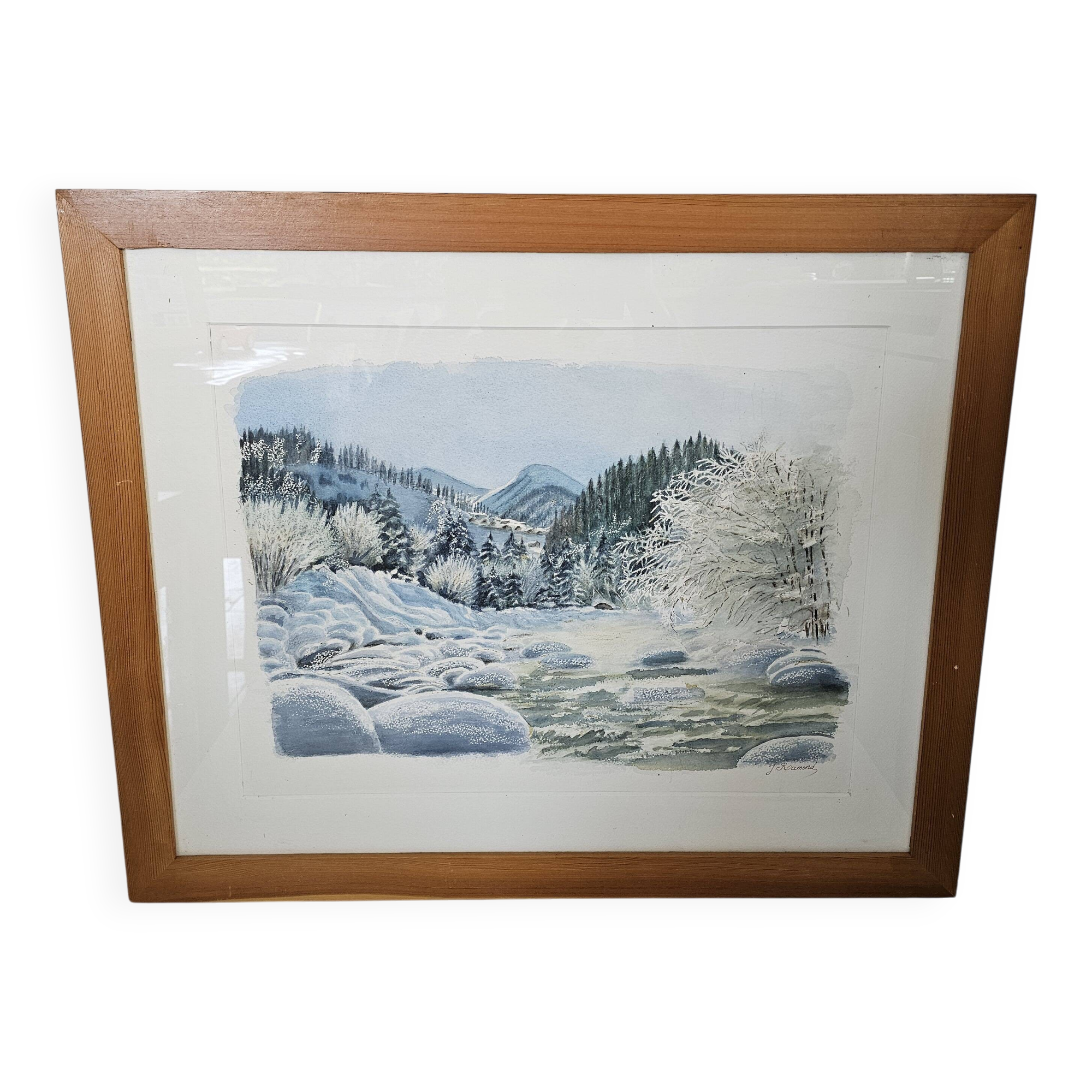 Tableau - Aquarelle paysage de neige Signée Janine Ramond