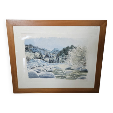 Painting - Watercolor snow landscape Signed Janine Ramond