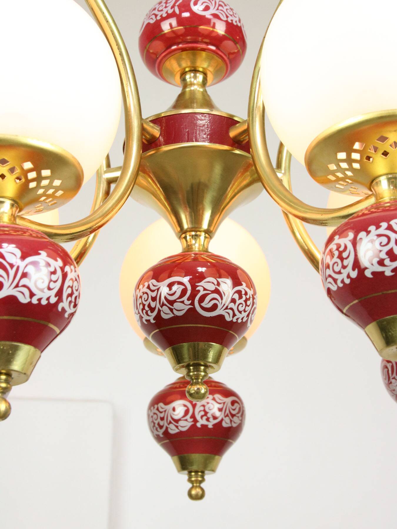 Mid-Century Italian Brass, Opaline & Ceramic Chandelier