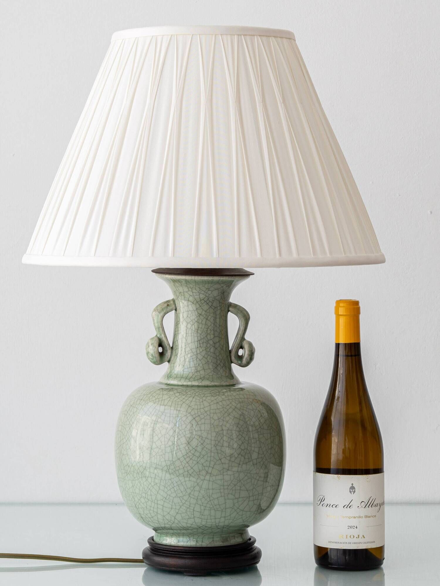 Celadon Crackle Glaze Porcelain Table Lamp in Chinese Style with Scroll Handles