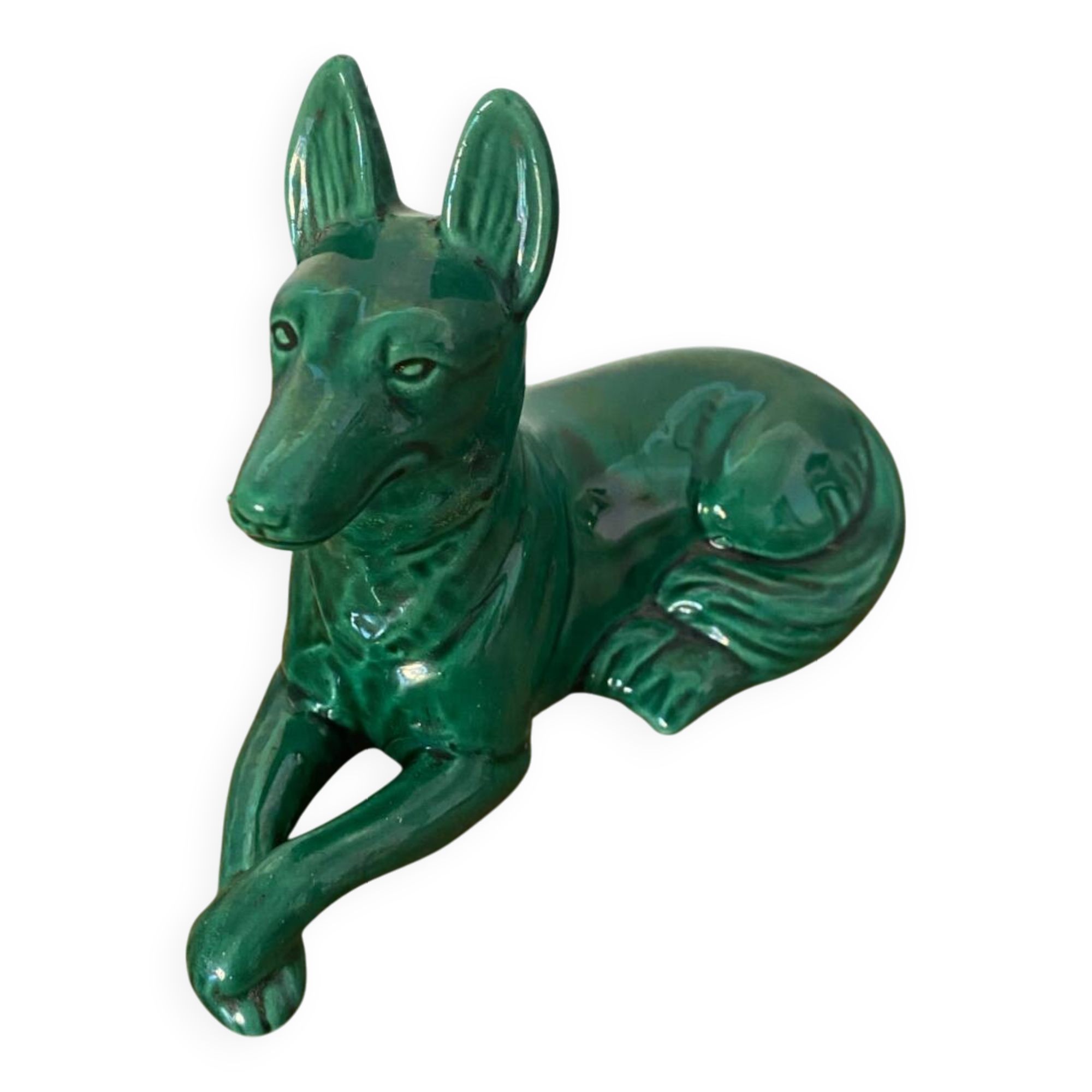 Antique St Clement German Shepherd Dog Sculpture Green Ceramic #C134
