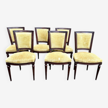 Set de 6 chaises de style Louis XVI en velours jaune