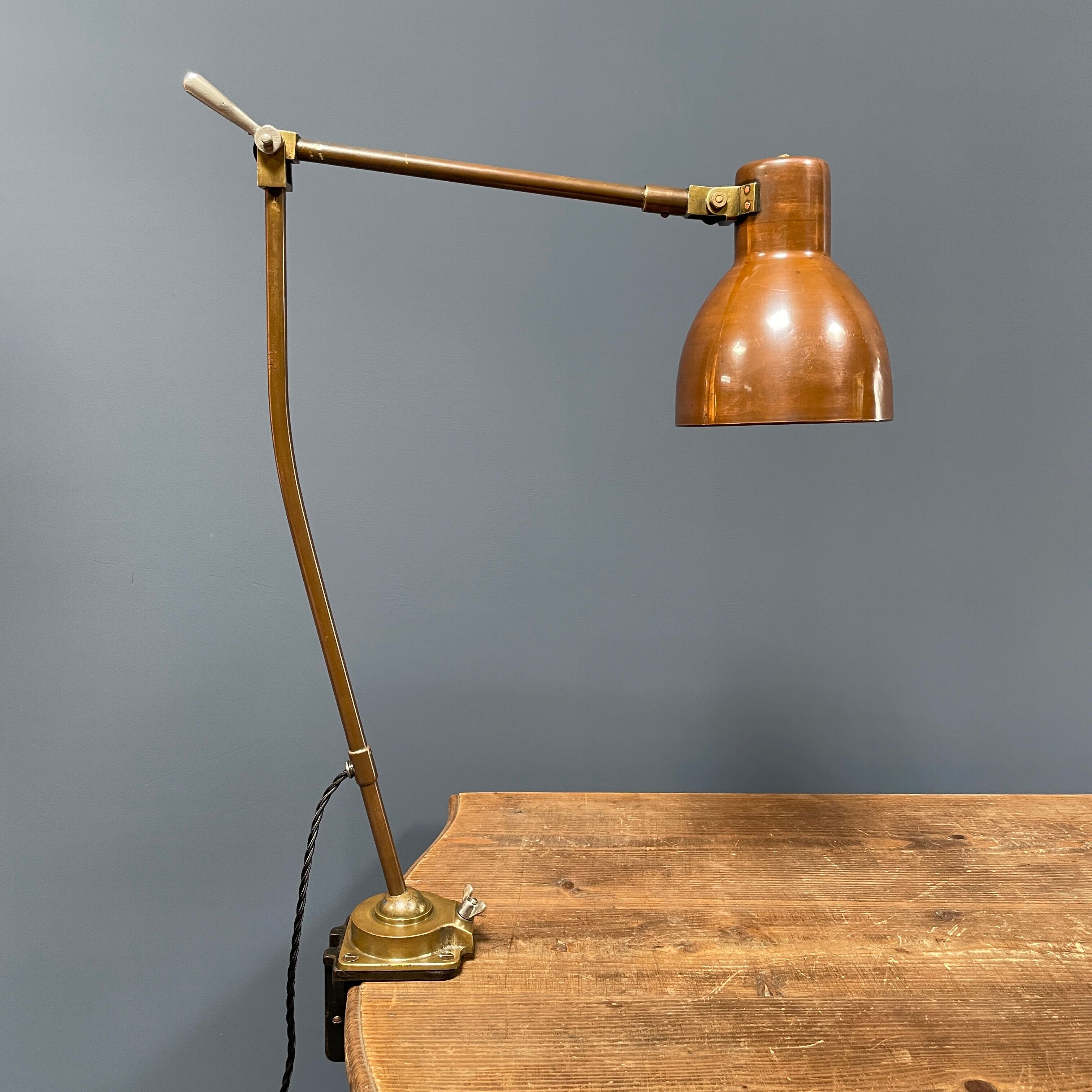 Industria Rotterdam clamp lamp made of brass and copper from the 1930s