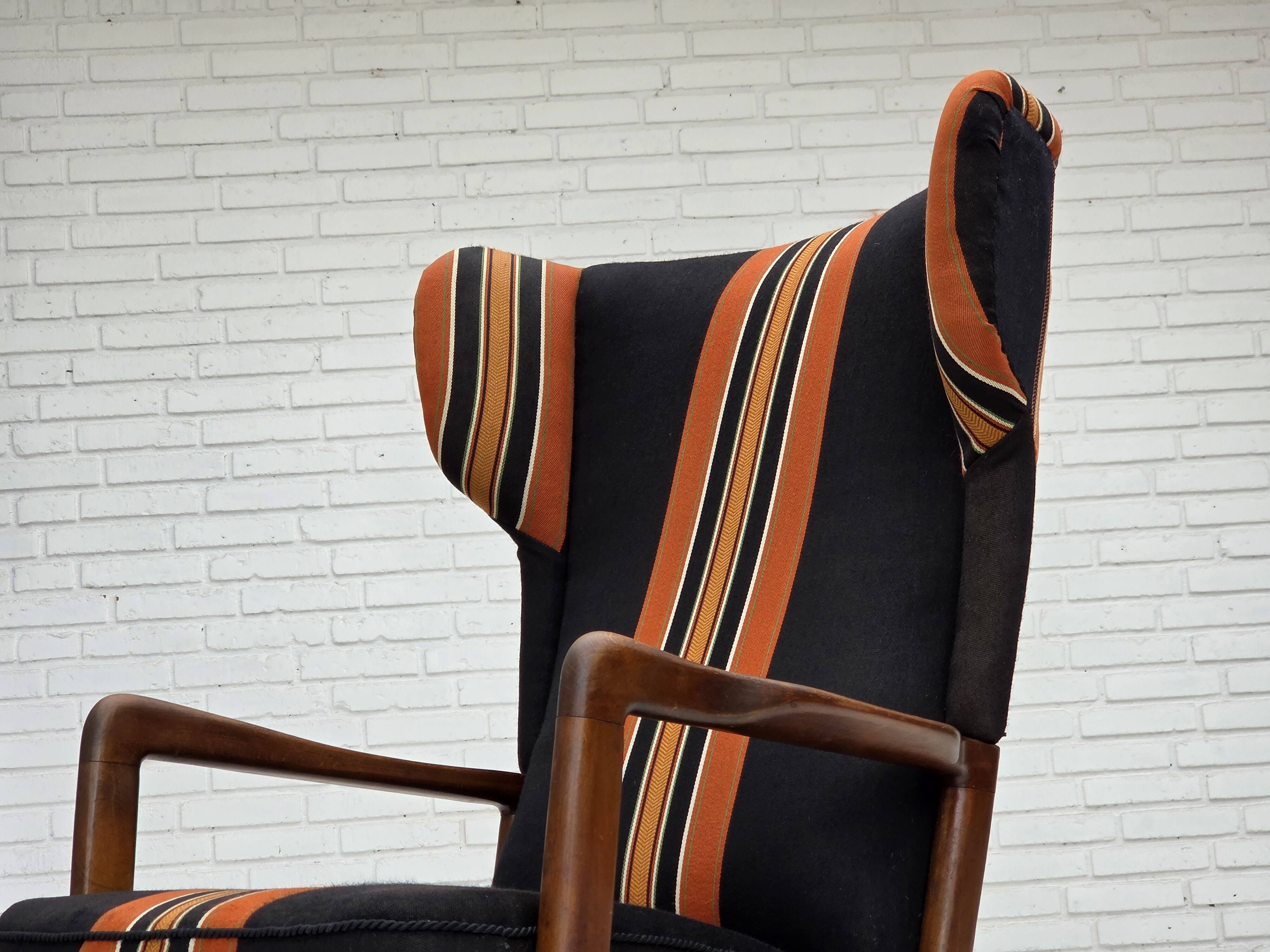 1960s, Danish highback armchair by Fritz Hansen, furniture wool, beech wood
