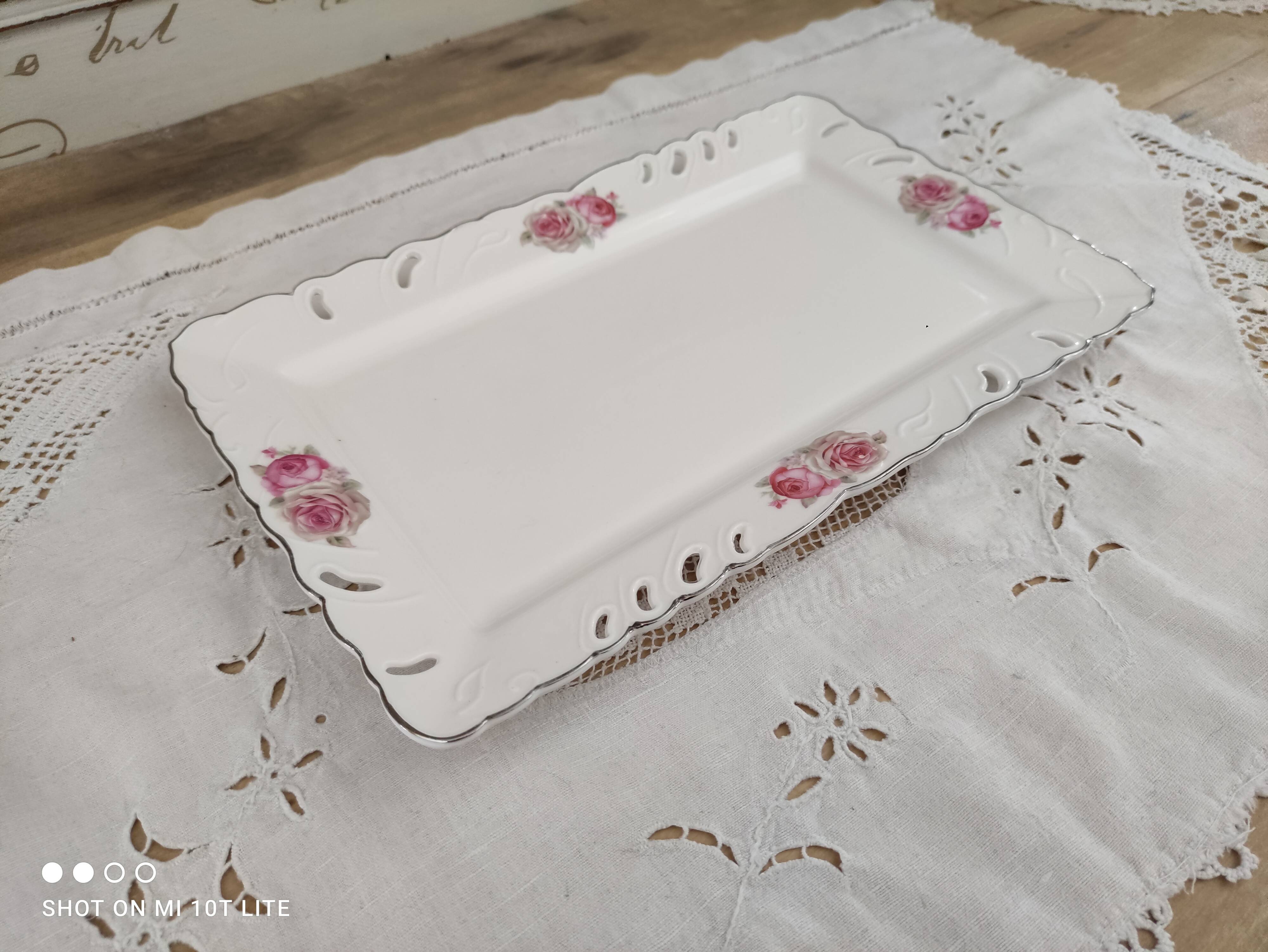 Rectangular dish in german porcelain white openwork bordered silver and old pinks