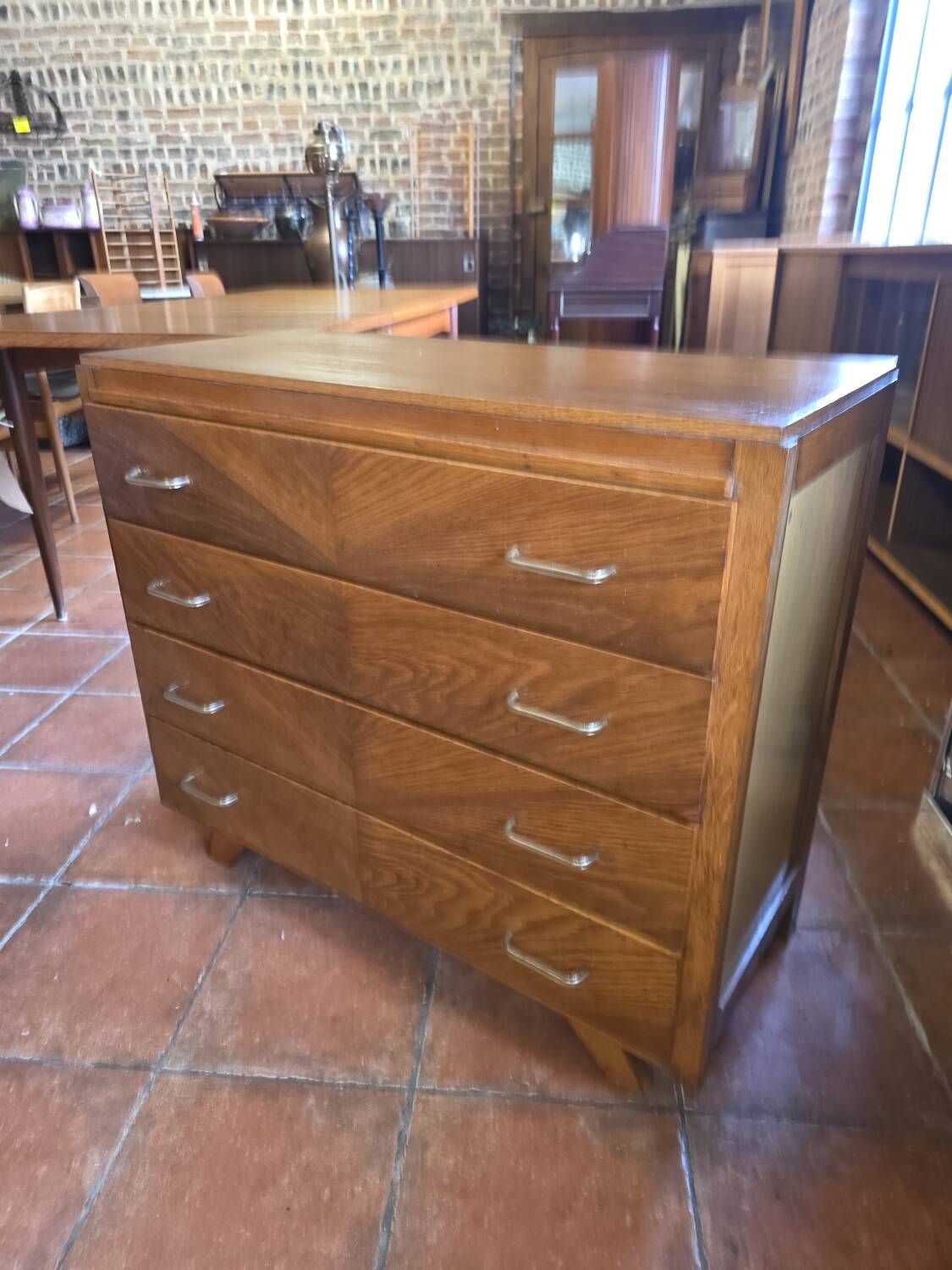 Vintage oak chest of drawers with herringbone patterns from the 1960s.