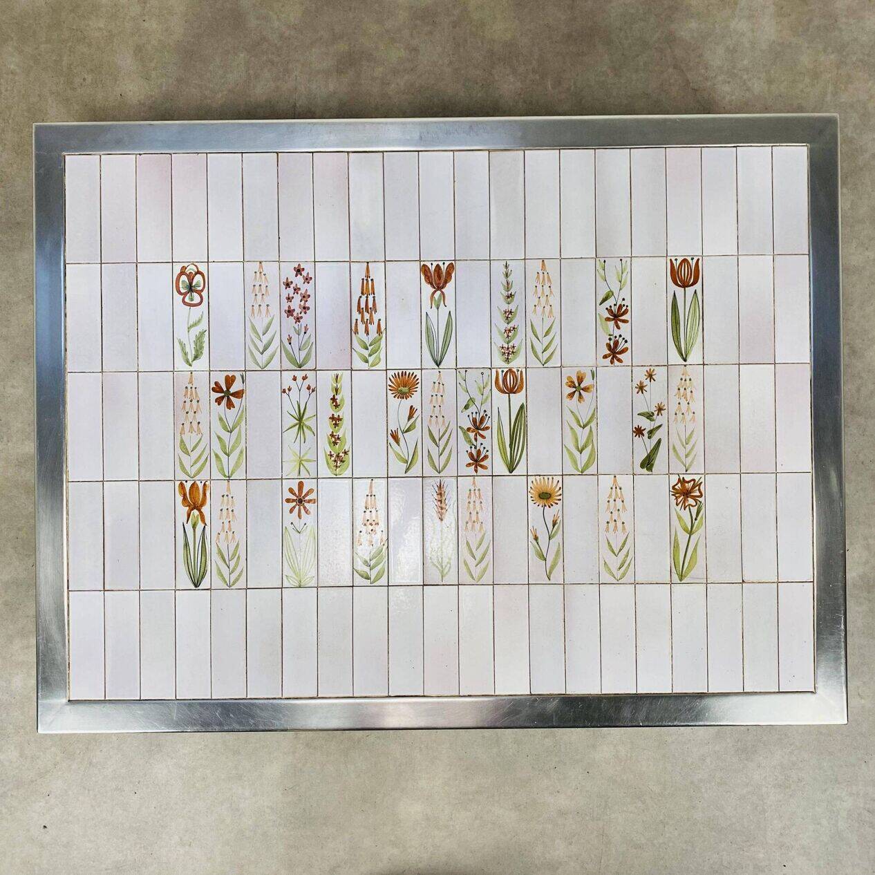 Square ceramic tile coffee table by Roger Capron, flowers, 1950s.