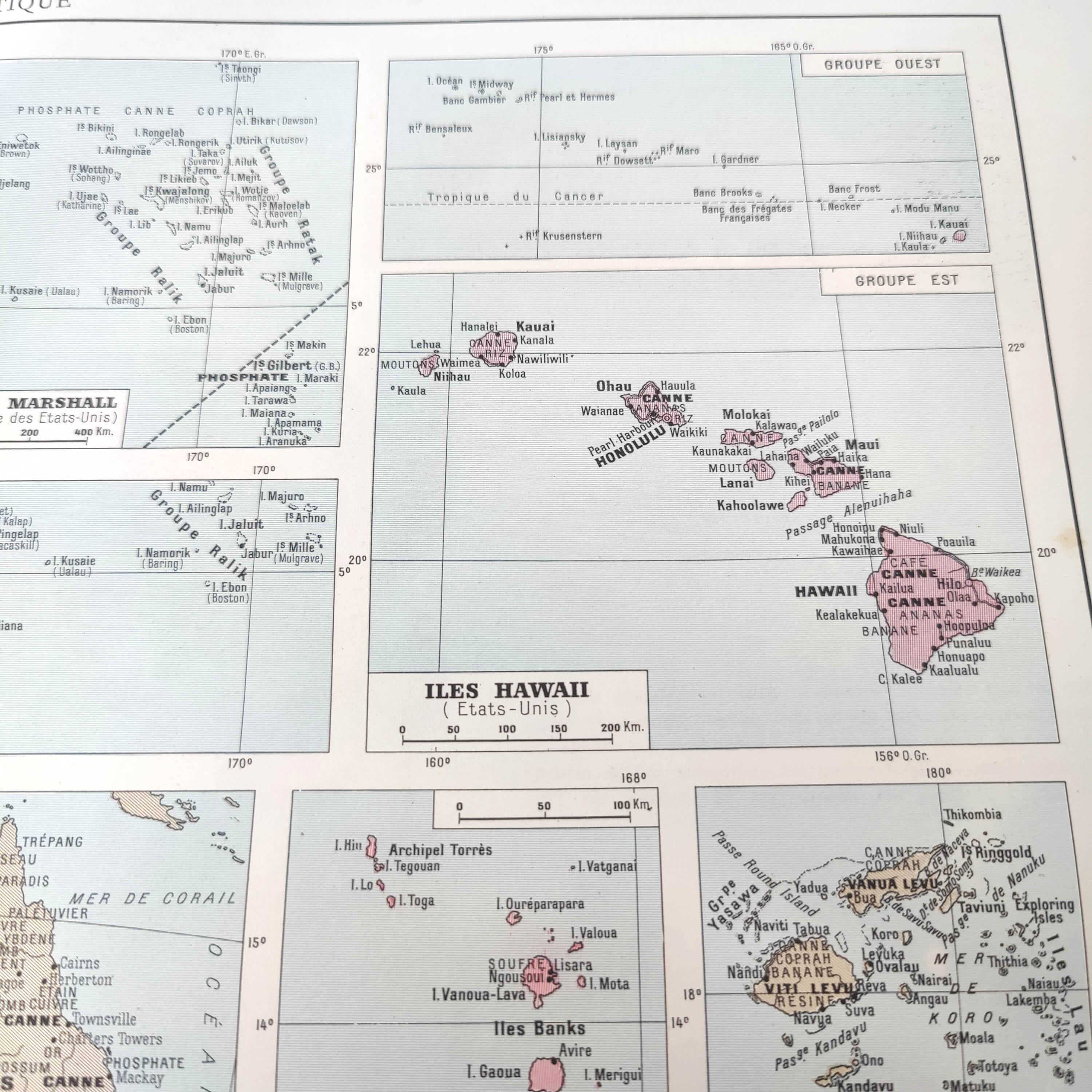 Vintage map on the islands of Oceania Australia Hawaii 43x43cm from 1950