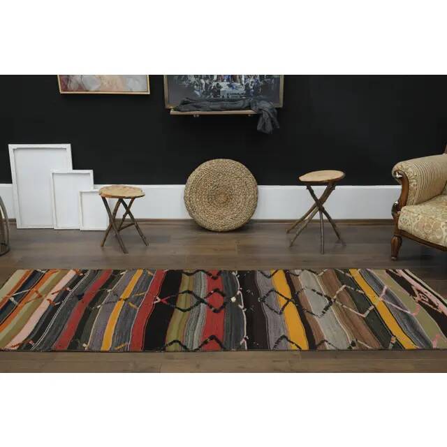 1970s Vintage Turkish Oushak Handmade  Colorful Runner Rug 84x275