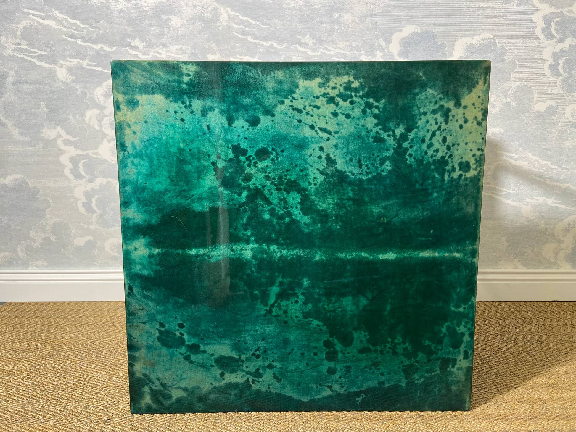 Aldo Tura side table in aqua green with brass legs and lower drawer.