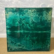 Aldo Tura side table in aqua green with brass legs and lower drawer.