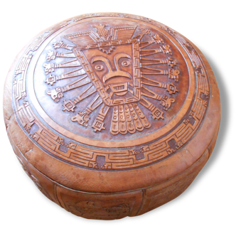 Ottoman ou pouf en cuir vintage,  Amérique du Sud,  Inca Aztèque, déco ethnique.