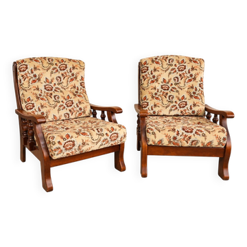 Pair of vintage 70s lounge chairs in wood & floral fabric