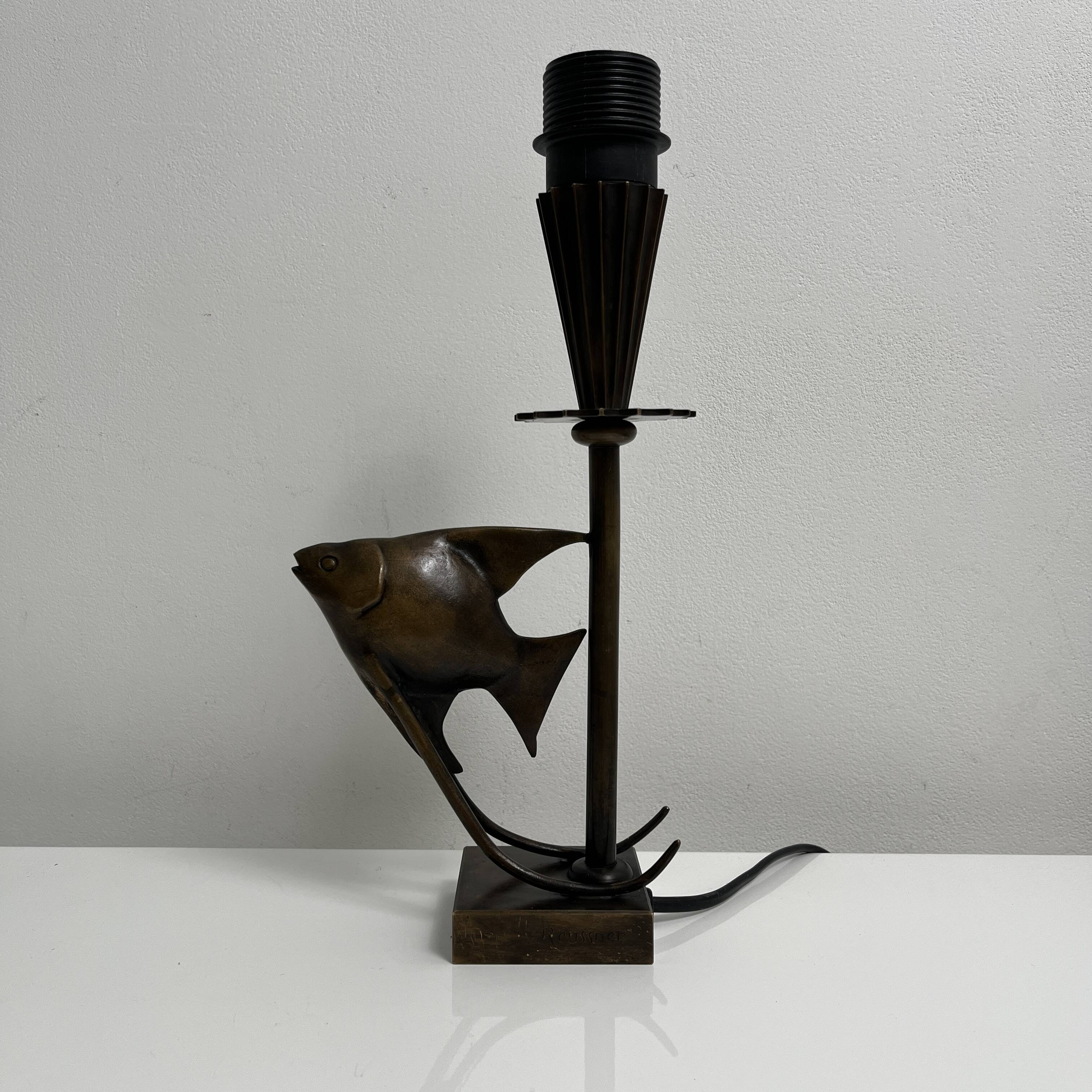 Bronze lamp base with fish decoration in Art Deco style Reussner Switzerland