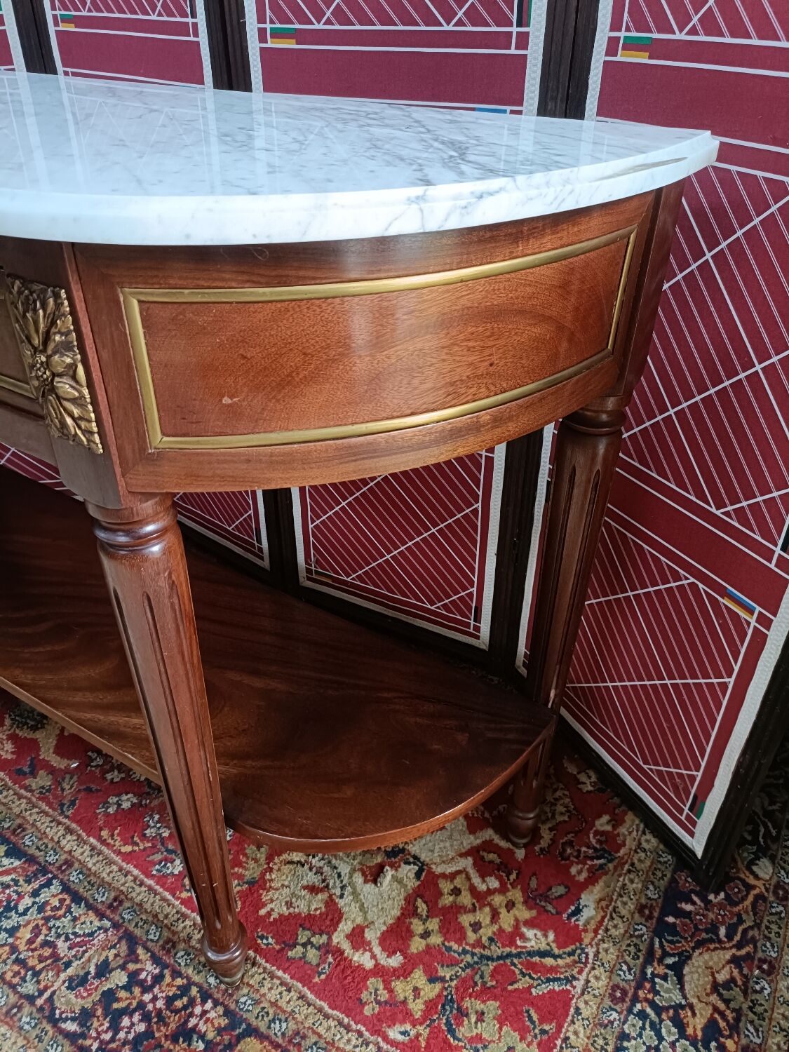 Louis XVI style half-moon console with veined white marble and drawer