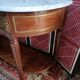 Louis XVI style half-moon console with veined white marble and drawer