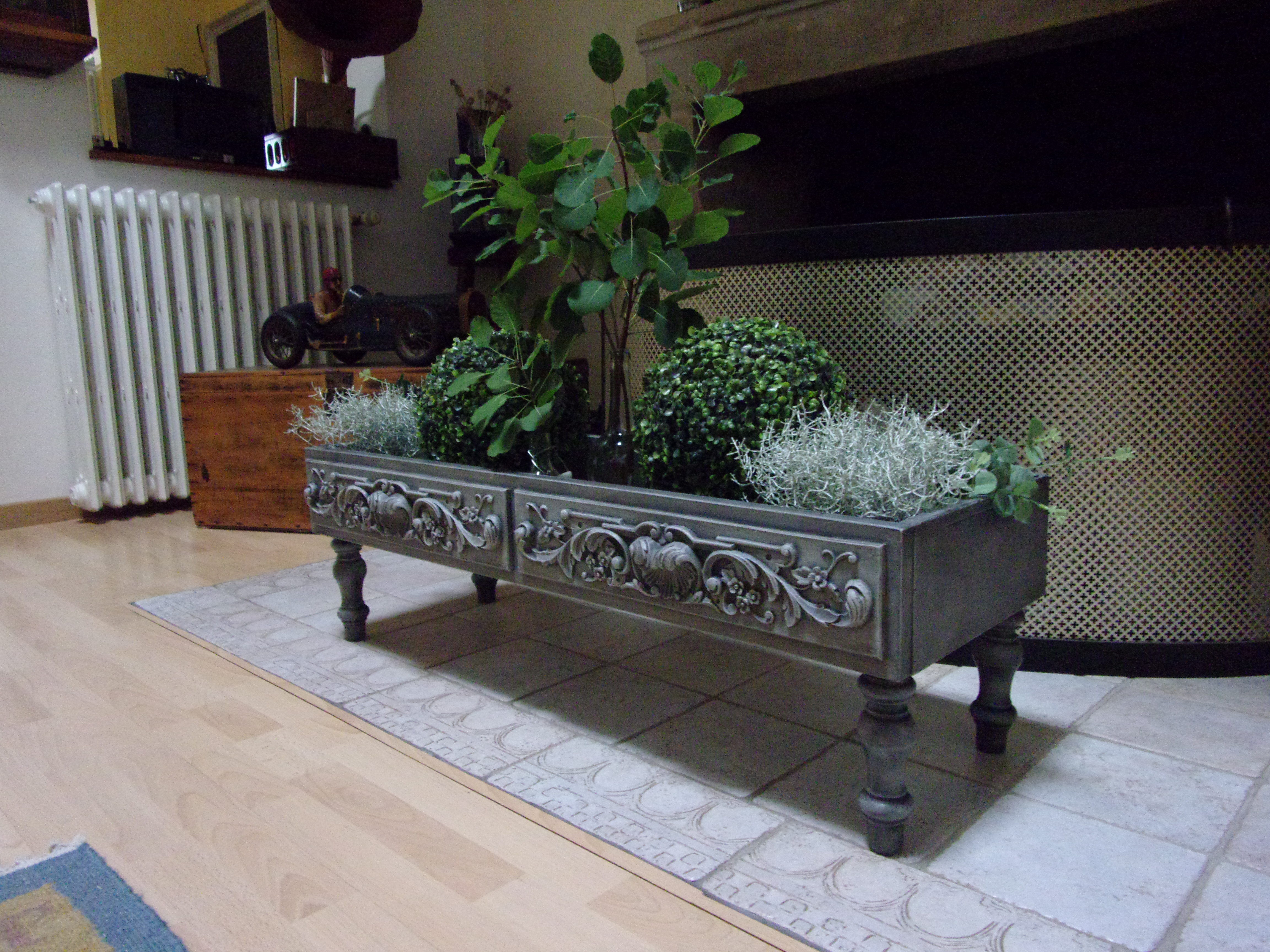 Large baroque style interior planter in gray patinated wood