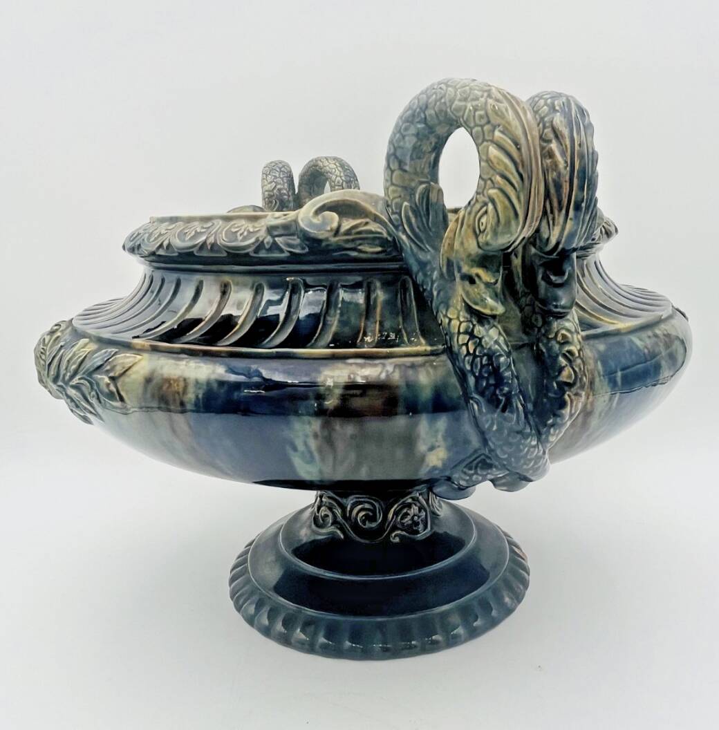 Large footed bowl in green and blue glazed ceramic