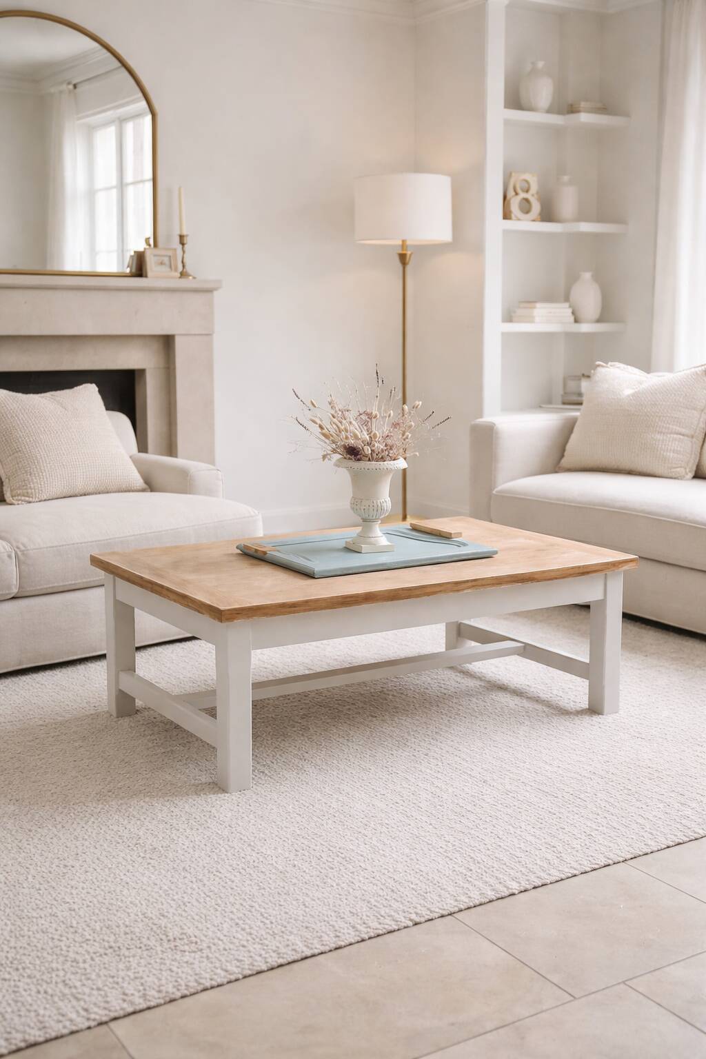 Table basse vintage en bois – esprit campagne chic.