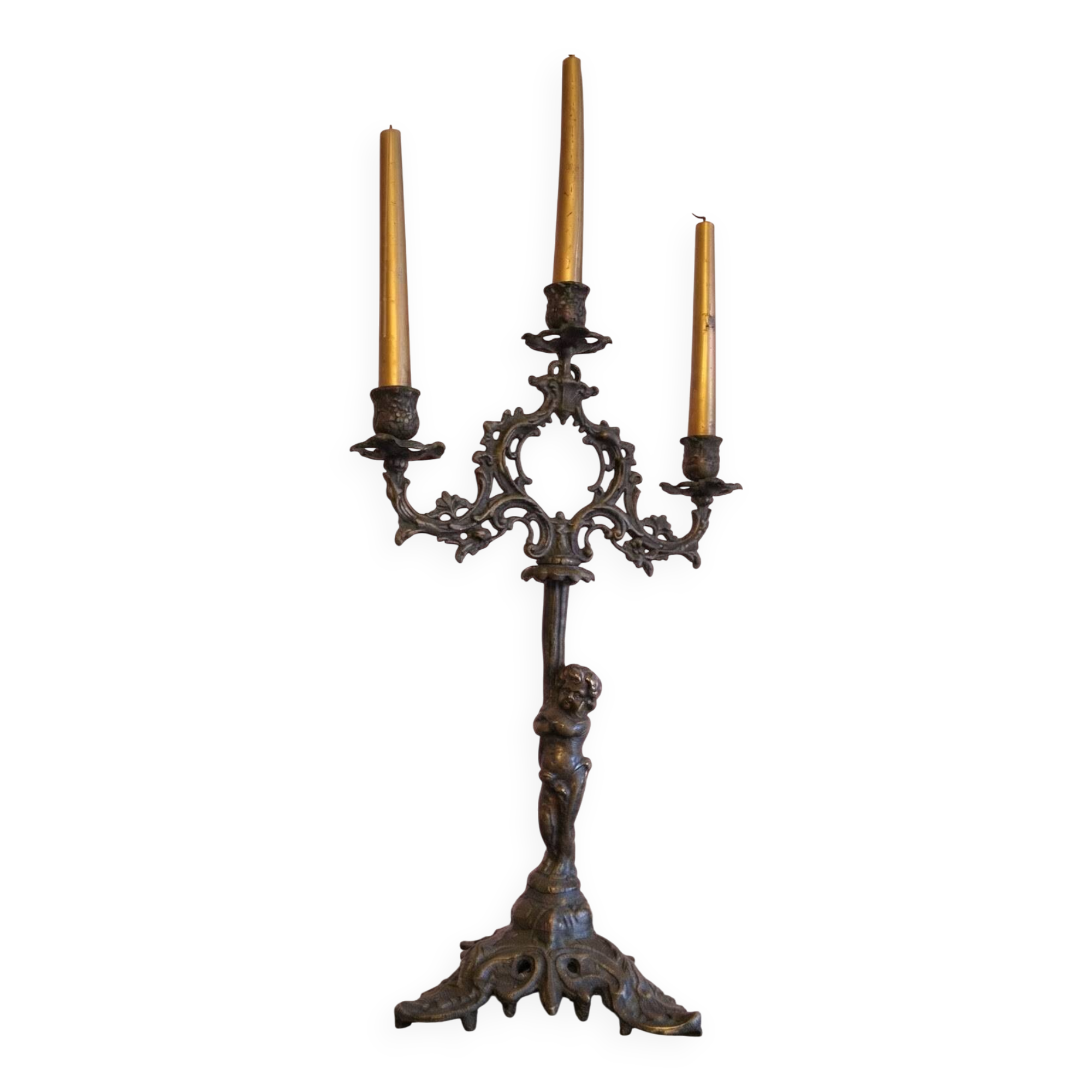Antique bronze chandelier with putto, 19th century.