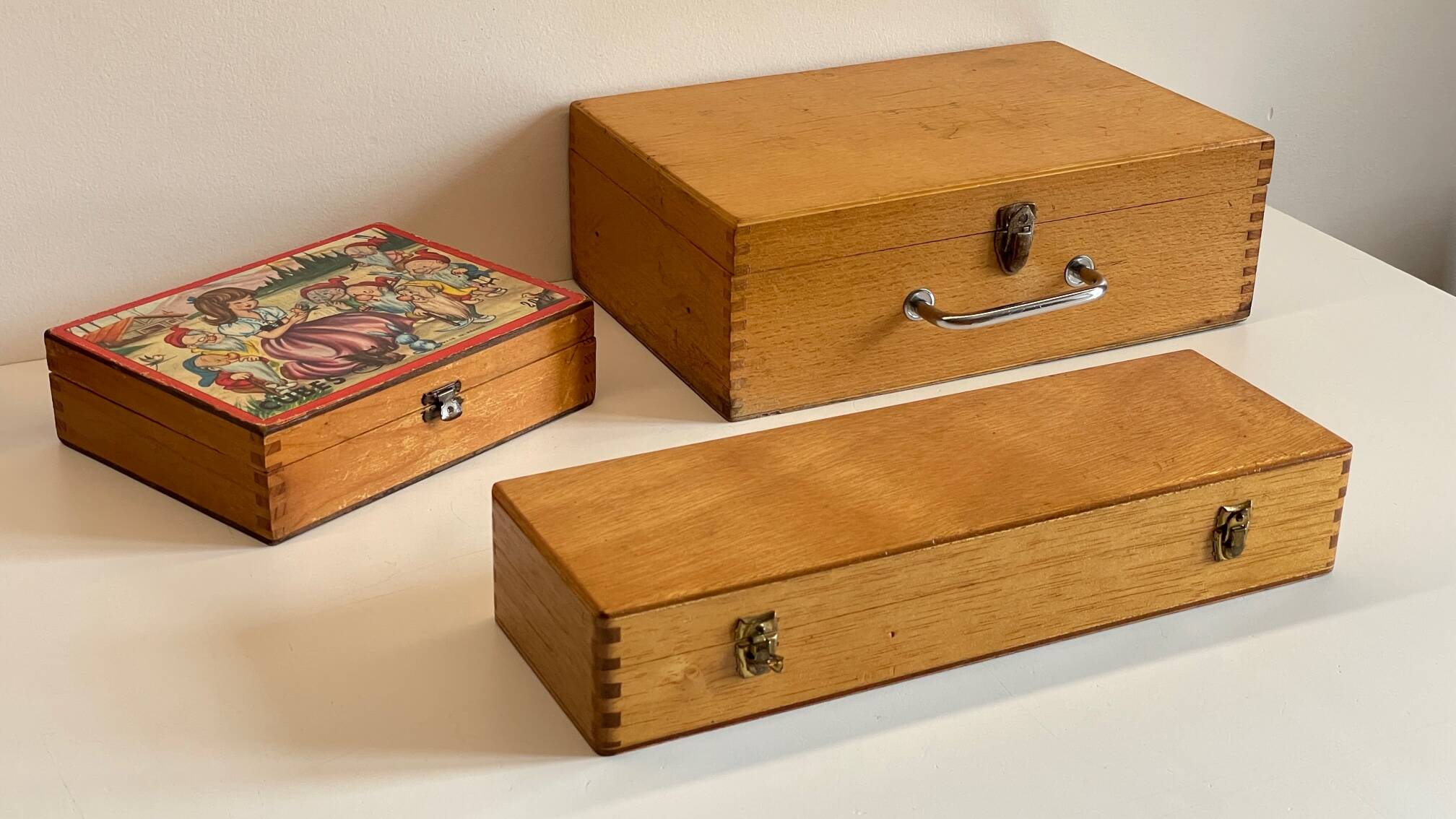 3 vintage dovetail wooden boxes