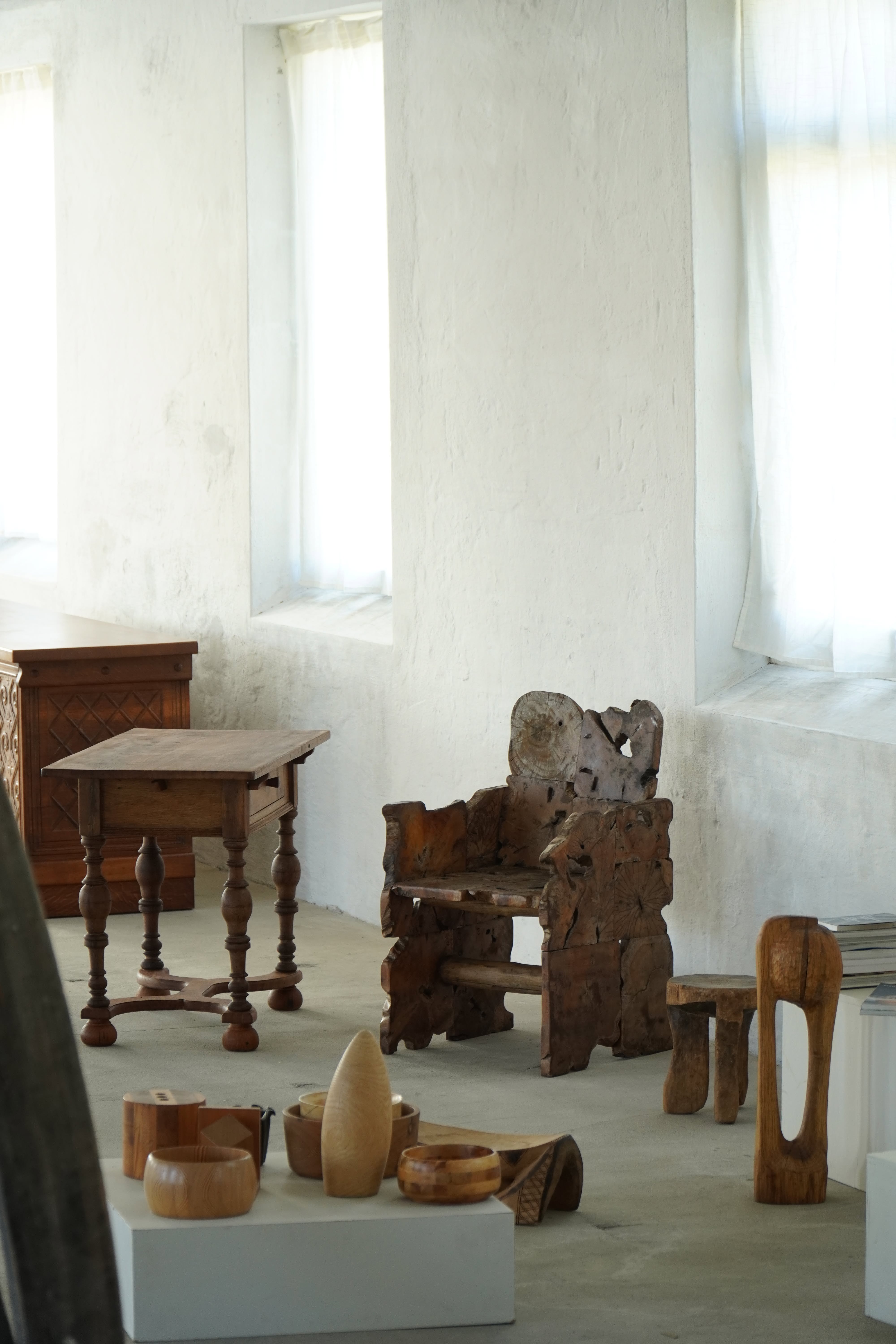 Unique wooden armchair in primitive Scandinavian "wabi-sabi" style, 20th century, 1950s.