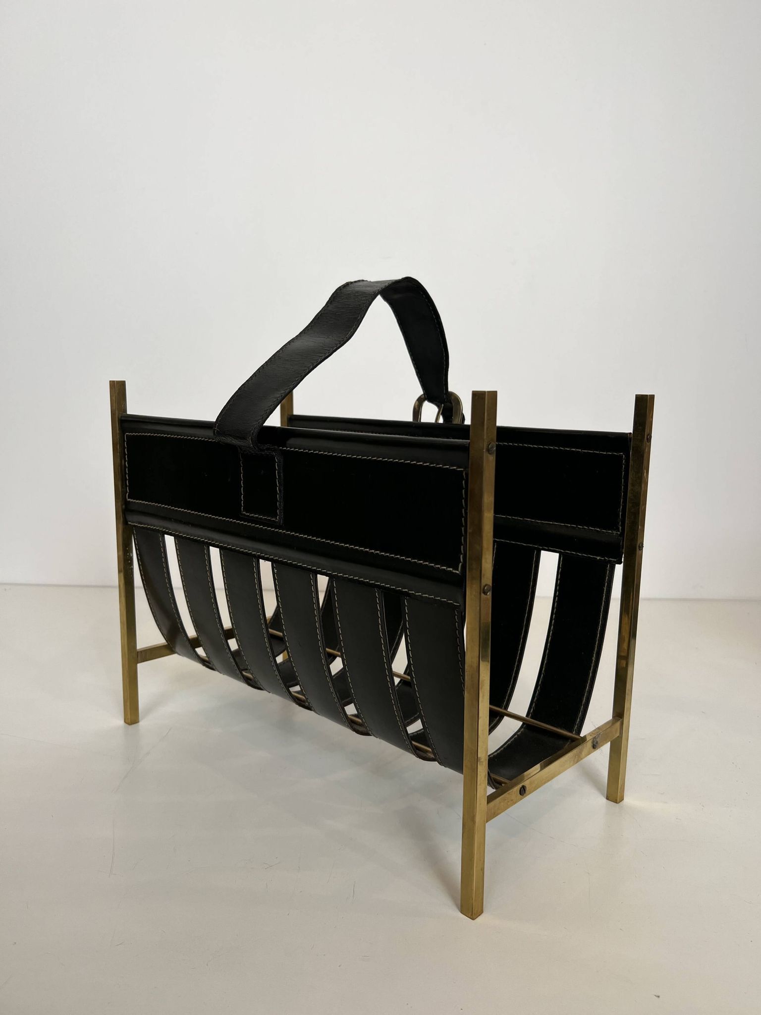 Black Leather Quilted Magazine Holder with Brass Loop Handle. Work