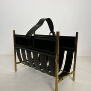 Black Leather Quilted Magazine Holder with Brass Loop Handle. Work