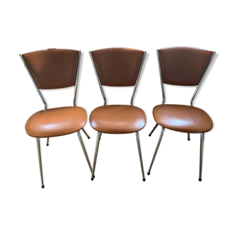 3 chaises vintage années 60 en skaï et chrome