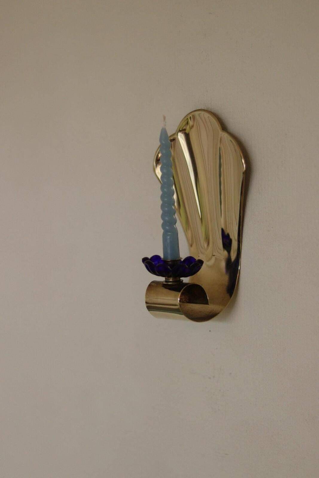 Pair Of Vintage Brass Sconces With Blue Flower Shape Bobeche (Drip Tray)