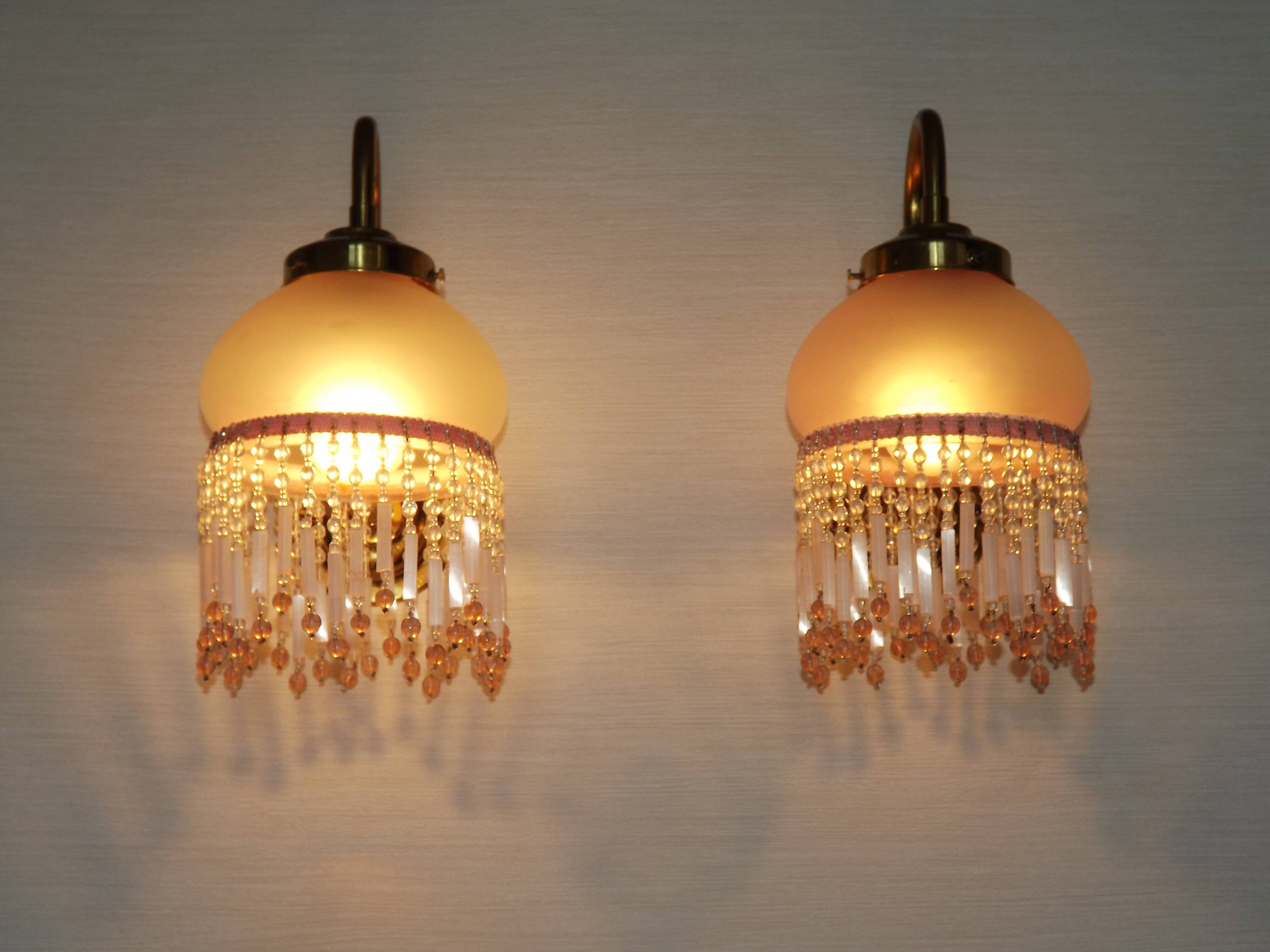 Pair of French Vintage Gold Wall Lights Pink Glass Beaded Fringe Shades