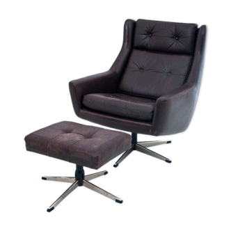 Fauteuil danois en cuir vintage avec repose-pied