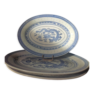 Vintage Chinese oval dishes, dragon pattern