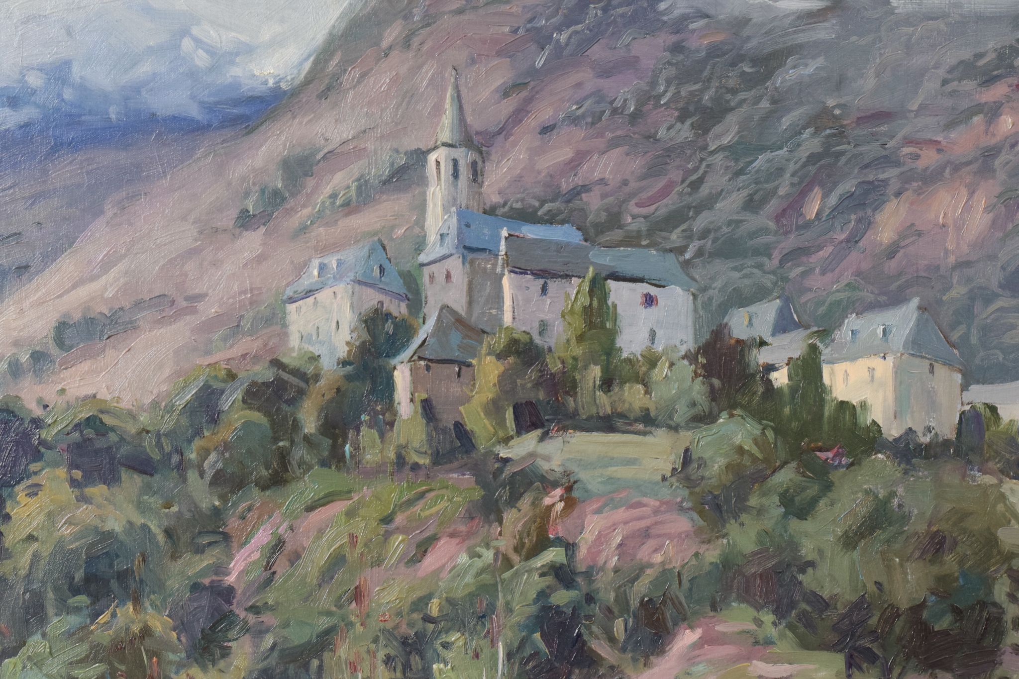 Village post-impressionniste et montagnes, Vicente Gomez Fuste