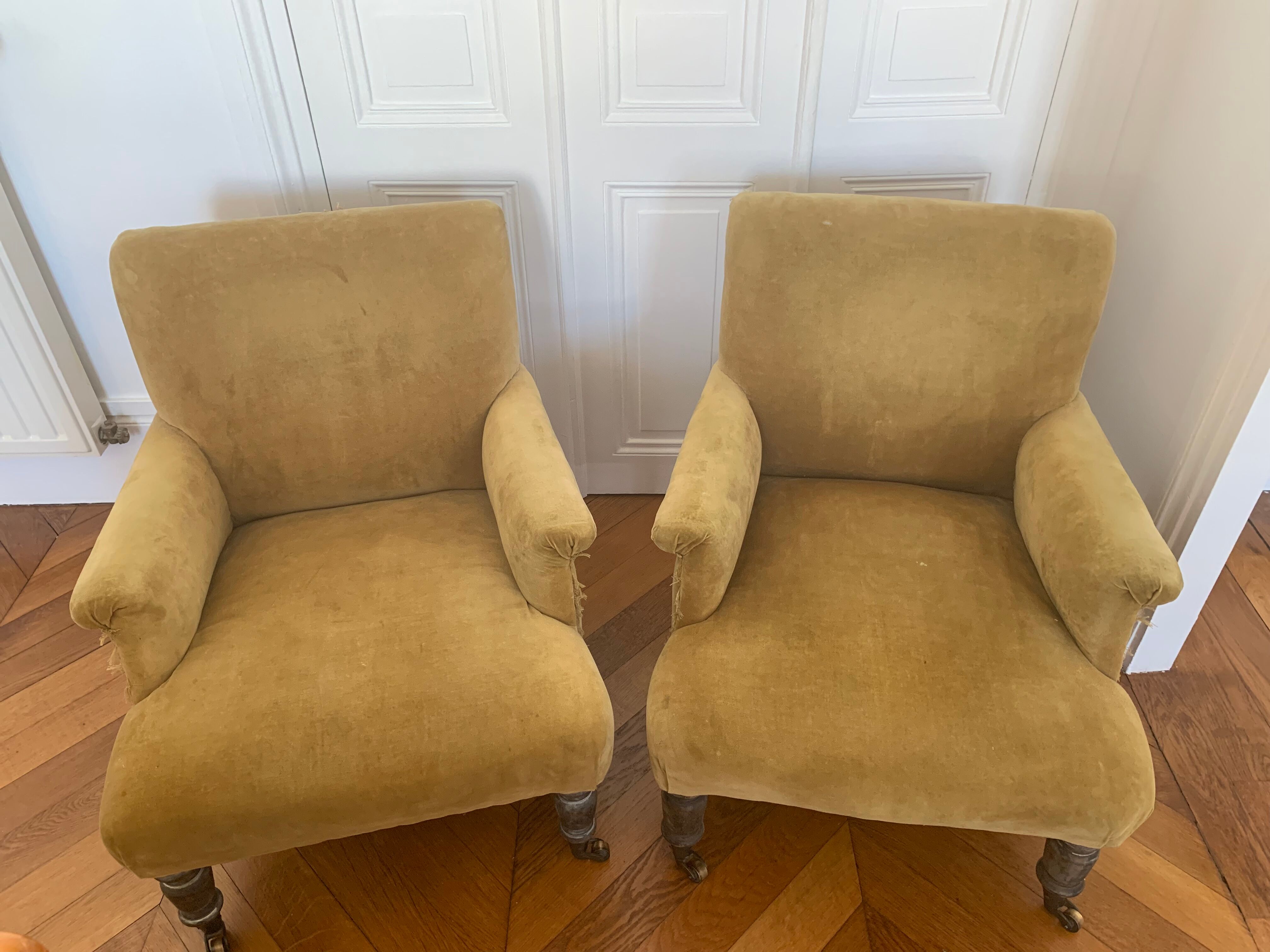 2 mustard velvet armchairs