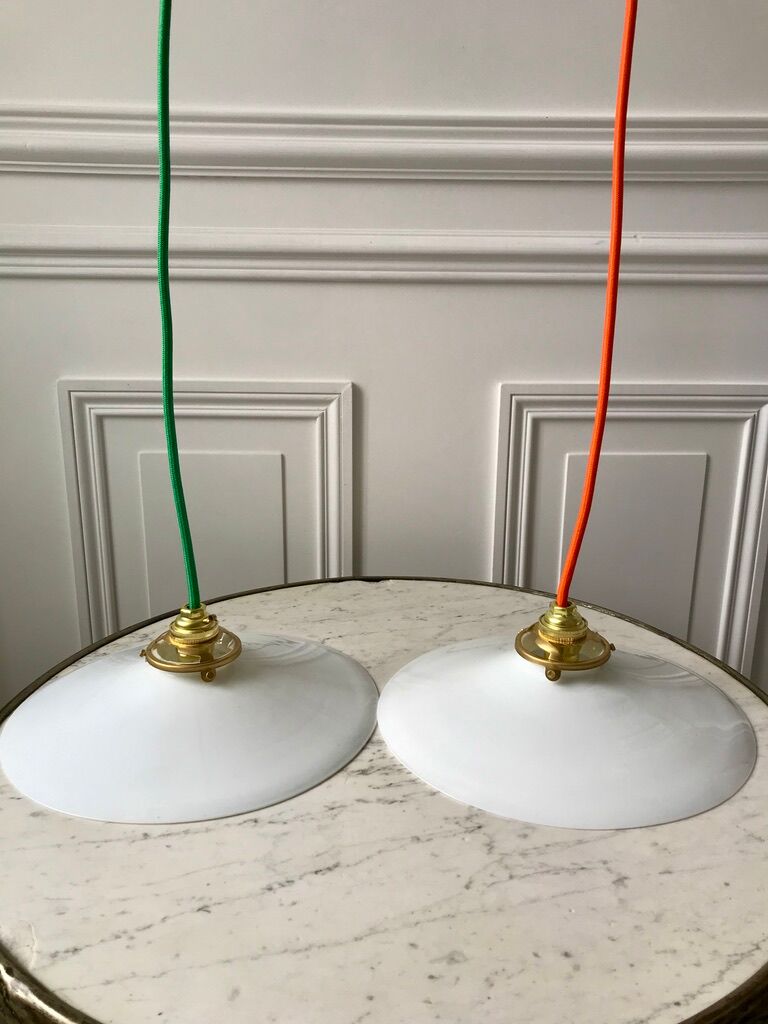 Hanging lamp in opaline smooth orange thread early twentieth century