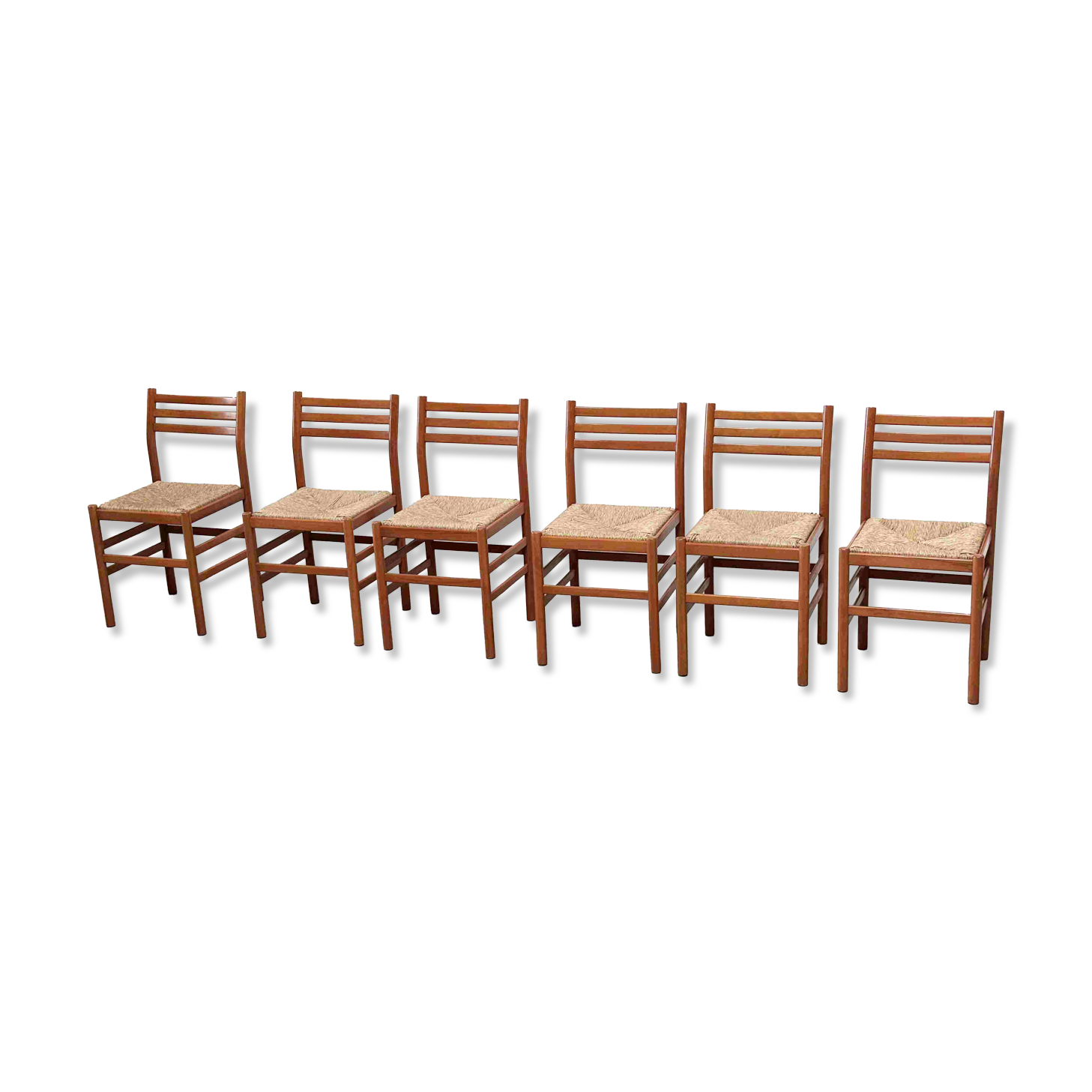 Set of six walnut and rattan dining chairs