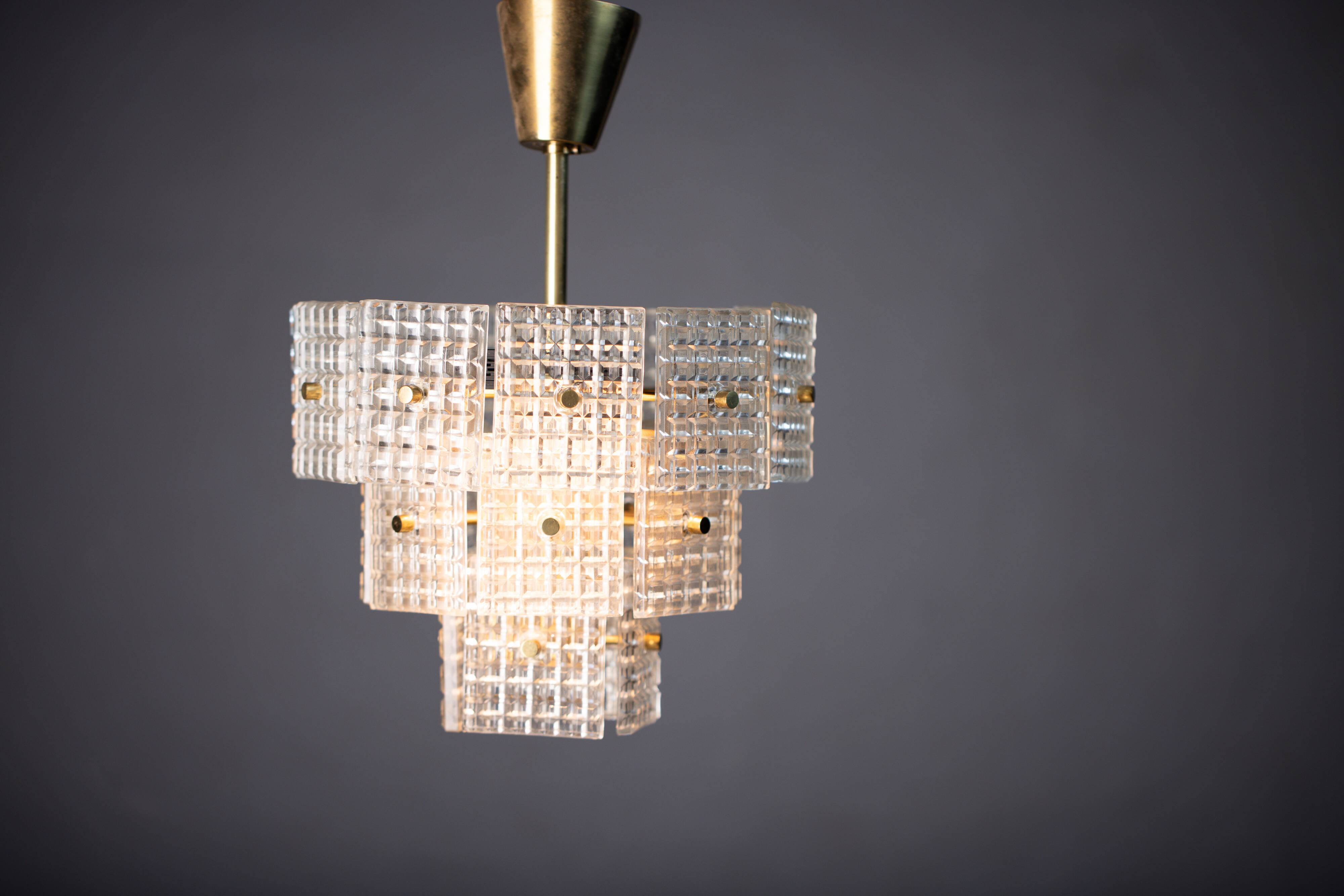 Vintage Embossed Glass Chandelier: 1970s Brass Pendant Lamp