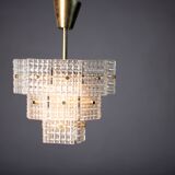 Vintage Embossed Glass Chandelier: 1970s Brass Pendant Lamp